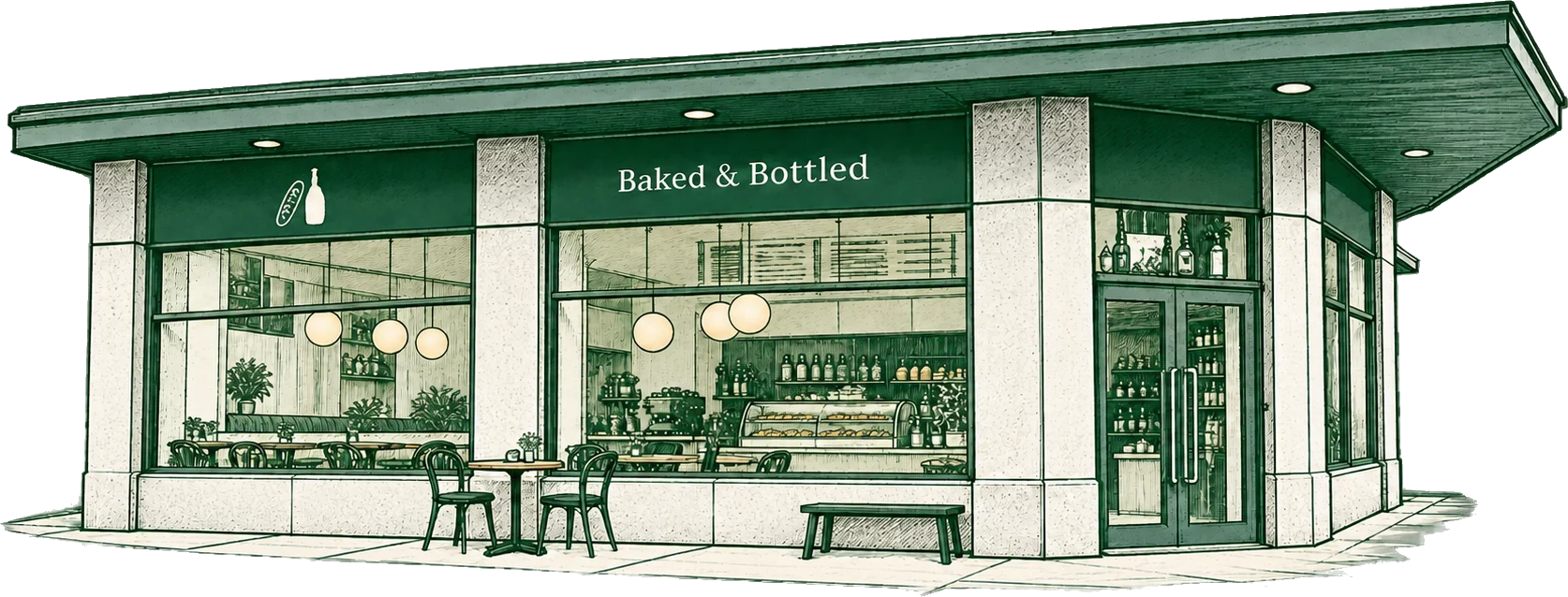 Illustration of the Baked & Bottled shopfront in Royal Canal Park